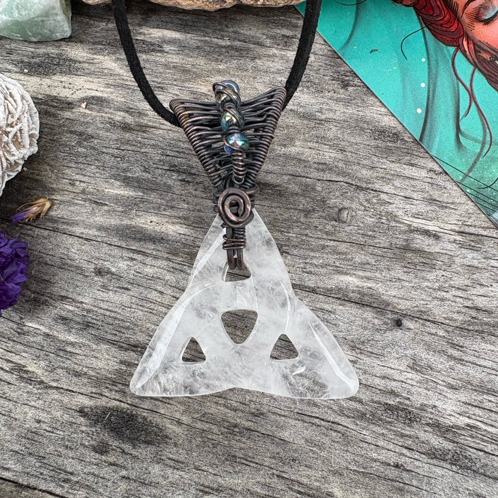 Clear Quartz Triquetra Celtic Knot Crystal Necklace - With Hand Wire Weave Bail